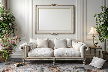 Mockup poster frame 3d render in a romantic shabby chic living room with distressed furniture and floral accents, hyperrealistic