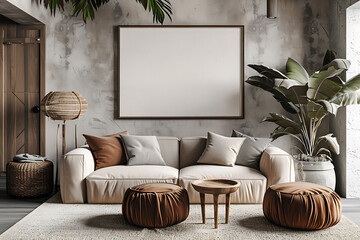 Mockup poster frame 3d render in a sophisticated living room with luxurious furnishings and a neutral color palette, hyperrealistic