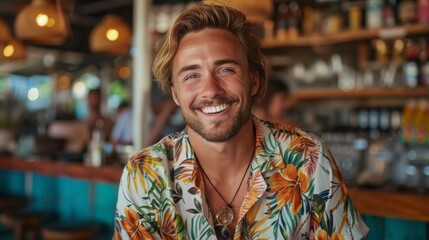 Fototapeta premium Handsome happy man wearing hawaiian shirt at tropic location. Travel vacation holiday.