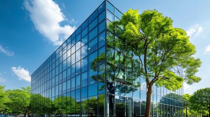 Innovative Eco-Friendly Glass Office Building with Trees, Reducing Carbon Emissions