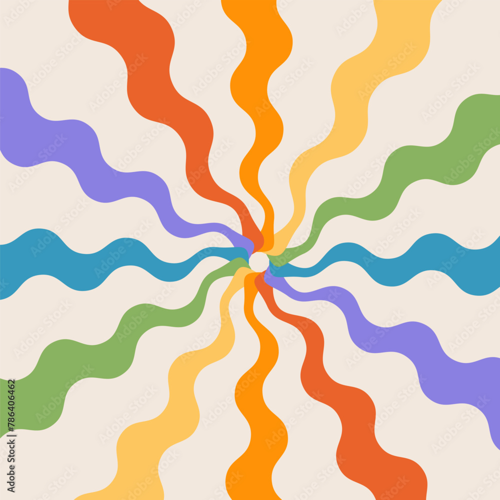 Poster groovy abstract rainbow swirl background with wavy rays. retro vector design in 1960-1970s style. vi