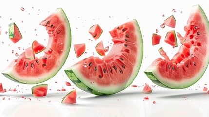 Three watermelons exploding with red, juicy flesh.