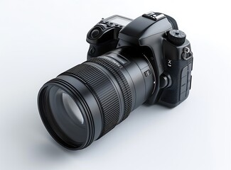 Black DSLR Camera with telephoto zoom lens on white background