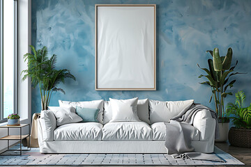 Mockup poster frame 3d render in a contemporary coastal living room with serene ocean-inspired hues, hyperrealistic