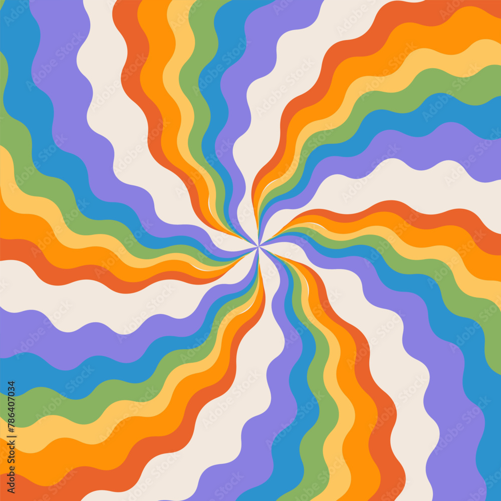 Poster groovy abstract rainbow swirl background with concentric wavy striped rays. retro vector design in 1