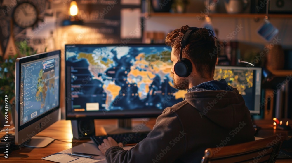 Poster man working at desk with computer