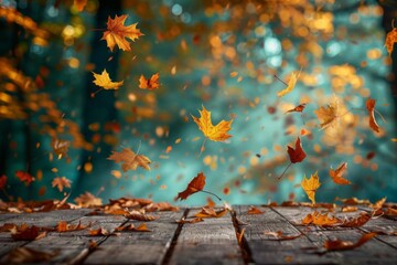 vibrant autumn leaves falling on rustic wooden background seasonal nature scene with warm colors and textures - obrazy, fototapety, plakaty