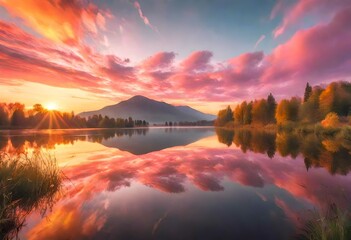 Naklejka premium Sea landscape over the blue mountain in sunset. Summer travel vacation concept. Natural day view