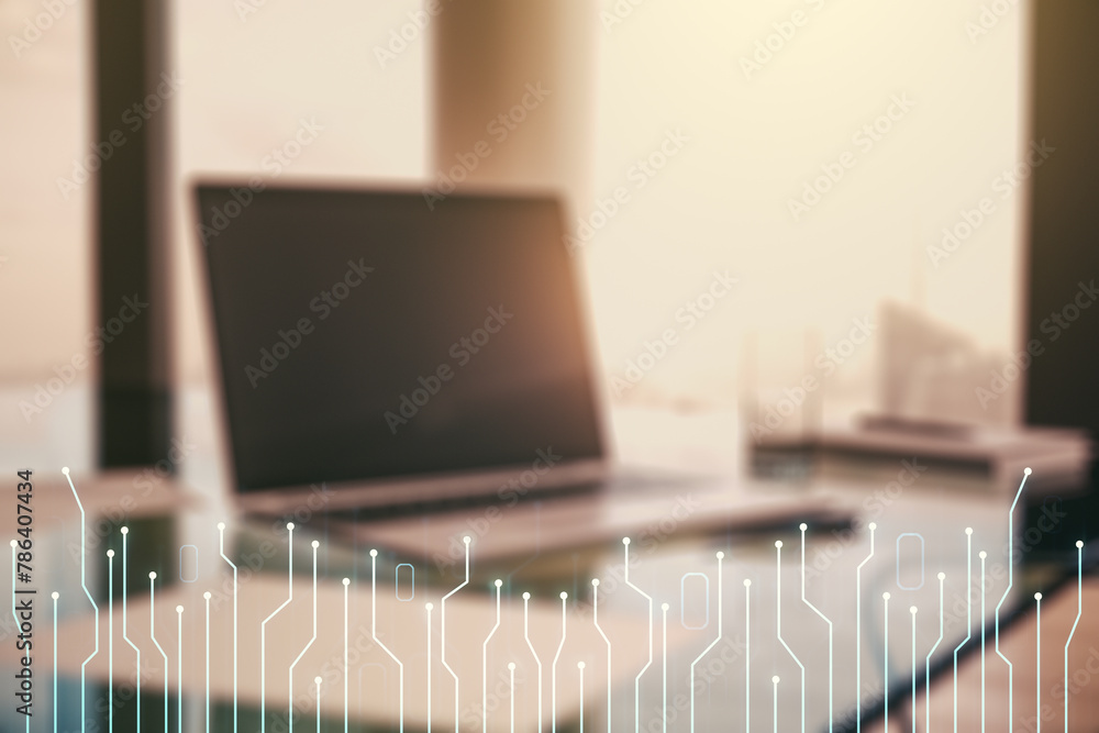 Poster double exposure of circuit hologram on laptop background. research and development hardware concept