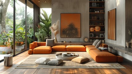 A simple, modern Merida, Mexican living room features clean lines - obrazy, fototapety, plakaty