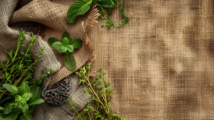 Natural burlap fabric jute and fresh herbs on table 