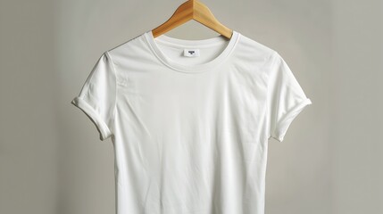 Blank White T-Shirt Hanging on Wooden Hanger Against Neutral Background for Branding and Product Mockups