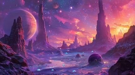 Concept art for a video game set in a galaxy where players mine planets for rare minerals, vibrant and detailed