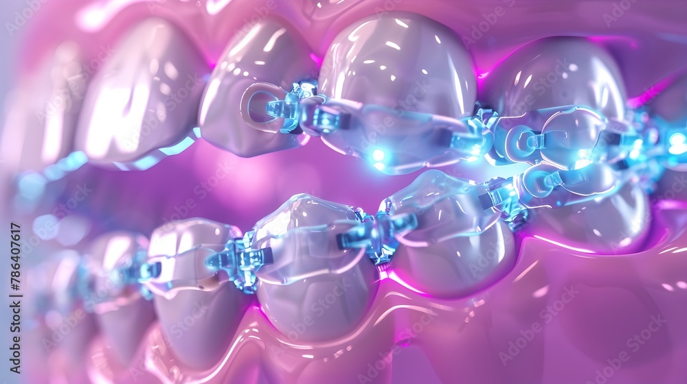 Poster futuristic 3d visualization of orthodontic teeth alignment progression in vibrant color scheme