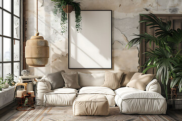 Mockup poster frame 3d render in a contemporary boho living room with eclectic decor and global influences, hyperrealistic