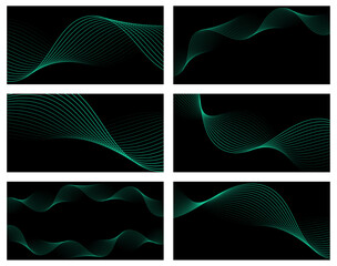 Set of abstract backgrounds with waves for banner. Medium banner size. Vector background with lines. Element for design. Brochure, booklet. Black and green gradient