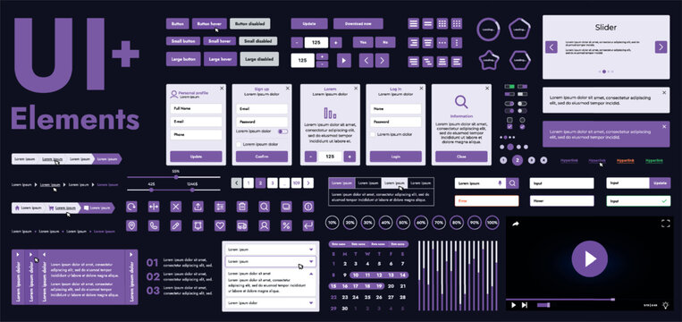 A set of modern web interface elements designed for the development and design of websites and mobile applications. Includes buttons, icons, navigation elements, slyder, forms.