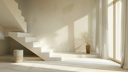 Graceful beige stairs with a Scandinavian aesthetic in a serene lounge with a window.