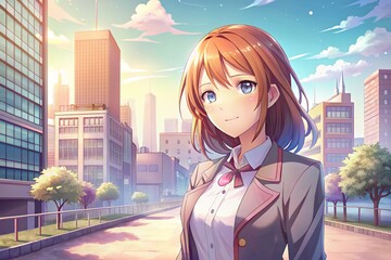 Anime schoolgirl city background