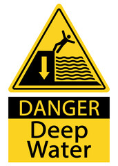 Danger deep water, yellow triangle sign with a person  falling into deep water from a dock. Text below.	