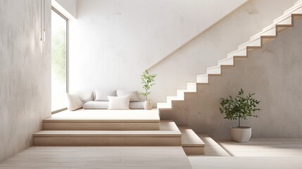 Graceful beige stairs with a Scandinavian aesthetic in a serene lounge with a window.