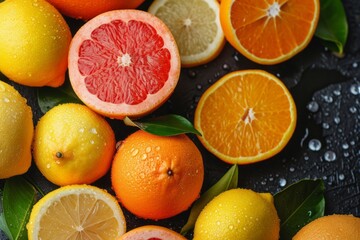 Sliced oranges, grapefruits and lemons, citrus assortment with fruits, delicious and juicy summer fruit food background concept
