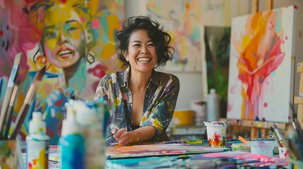 Energetic Asian Passionately Painting Vibrant Artworks in Her Creative Studio Space