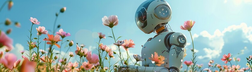 Robots gardening, planting digital flowers that bloom instantaneously, in soft pastel tones - obrazy, fototapety, plakaty
