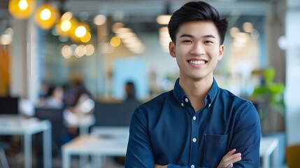 Naklejka premium Confident Young Asian Businessman Smiling in Bright Modern Office Setting Symbolizing Success and Optimism in Professional Career