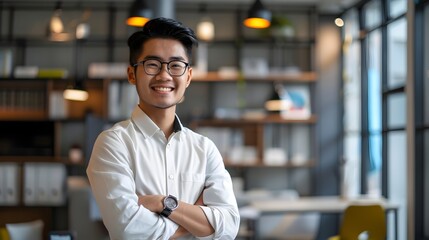 Ambitious Young Asian Entrepreneur Exuding Confidence and Success in Contemporary Office Setting - obrazy, fototapety, plakaty