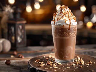 A bold, nutty hazelnut frappuccino, generously topped with whipped cream and a hearty drizzle of hazelnut syrup, garnished with toasted hazelnut pieces The glass sits on an aged wooden table, with a b