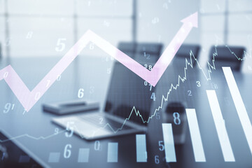 Abstract creative financial graph with upward arrow on modern laptop background, forex and investment concept. Multiexposure