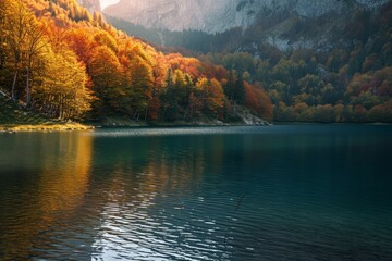 Autumn landscape of a mountain lake, yellow trees and mountains. The concept for the development of tourism, mountaineering, skiing, rock climbing, excursions in the mountains.  
