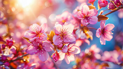 Vibrant Cherry Blossoms Under Sunny Skies, Pink Petals Highlighting the Beauty of Springtime