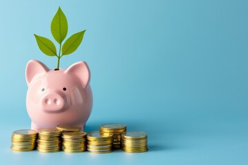 Pink piggy bank with a stack of coins nearby and a growing green sprout, savings and investment concept with copyspace
