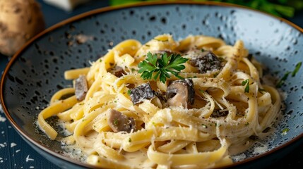 Luxurious truffle pasta, creamy sauce, against a midnight blue, soft lighting for a rich, inviting atmosphere