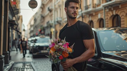 A handsome man in a black shirt and trousers holds a colorful bouquet of flowers on the street next to a luxury car.