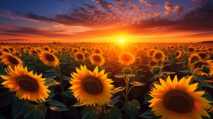 Fototapeta premium Endless field of sunflowers illuminated by the sun, harvest and agricultural business concept 