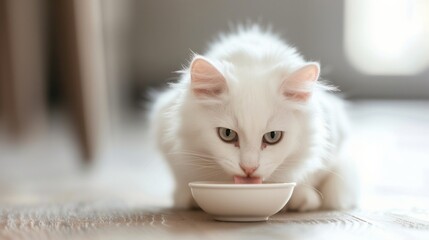 Close up of kitten eating food on gray background with copy space, pet care concept, animal behavior
