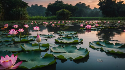 Beautiful pink lotus flower close up in pond at red lotus lake, Udonthani


