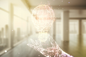 Abstract virtual light bulb illustration on modern interior background, future technology concept....