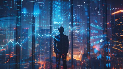 Businessman standing in office building at night in front of window with computer graph data displayed on blurred city bokeh light