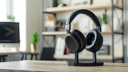 Black wireless in-ear headphones stood on the desk, in front of it was a wooden table and an office background. Captured at an angle above to highlight the details of the ear cup.