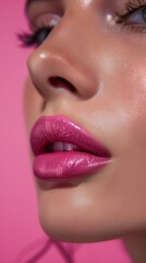 Naklejka premium woman close up professional pink glossy lipstick commercial on a pink background, beauty shot