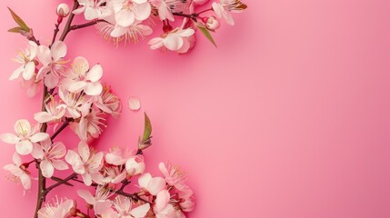 Spring-themed image with a branch of blooming flowers against a pink background.