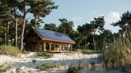 Fototapeta na wymiar a wooden house with solar panels on the roof, surrounded by pine trees and sand dunes, built using wood materials from sustainable forests.