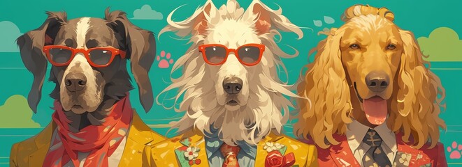 Three dog models wearing colorful suits and sunglasses