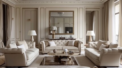 Interior design of a living room in an aristocratic baroque style in a luxury home.
