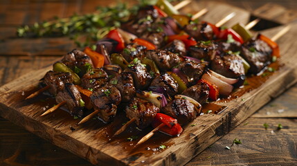 BBQ beef kabobs with marinated sirloin steak, bell peppers, onions, and mushrooms on skewers.
