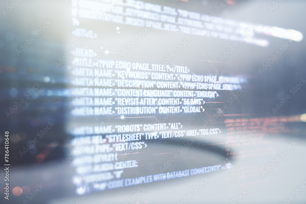 Poster abstract virtual coding illustration on modern interior background, software development concept. mu